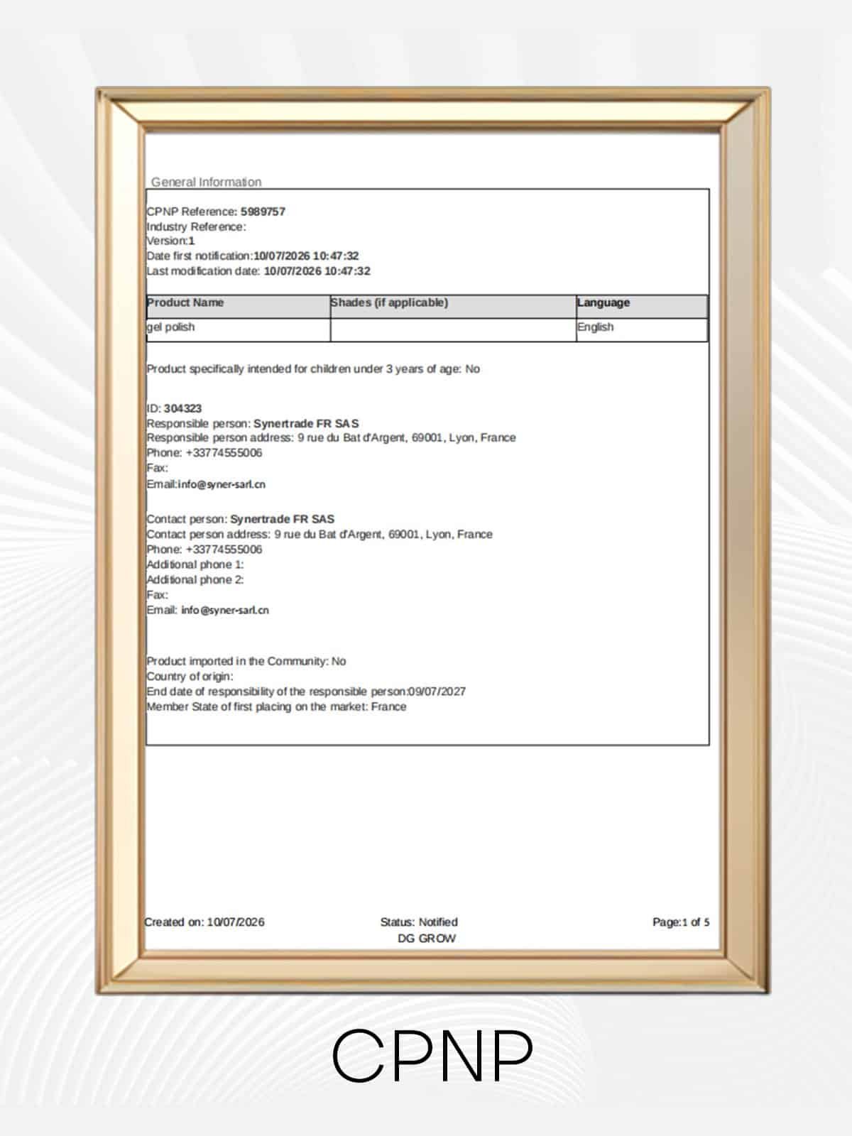 CPNP notification certificate